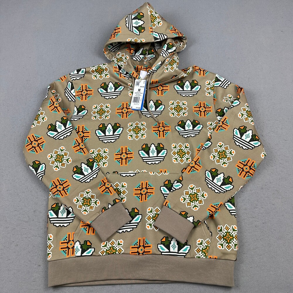 Adidas Hoodie Men Medium Trace Khaki Geometric Graphic Pixel Print Sweatshirt M